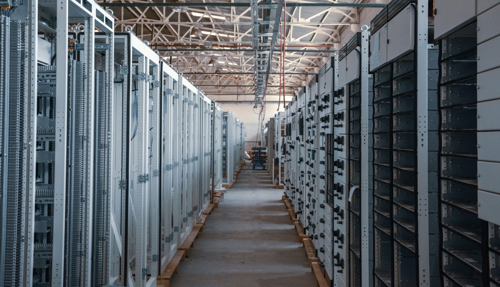 Industrial control cabinets with dense wiring on a production floor