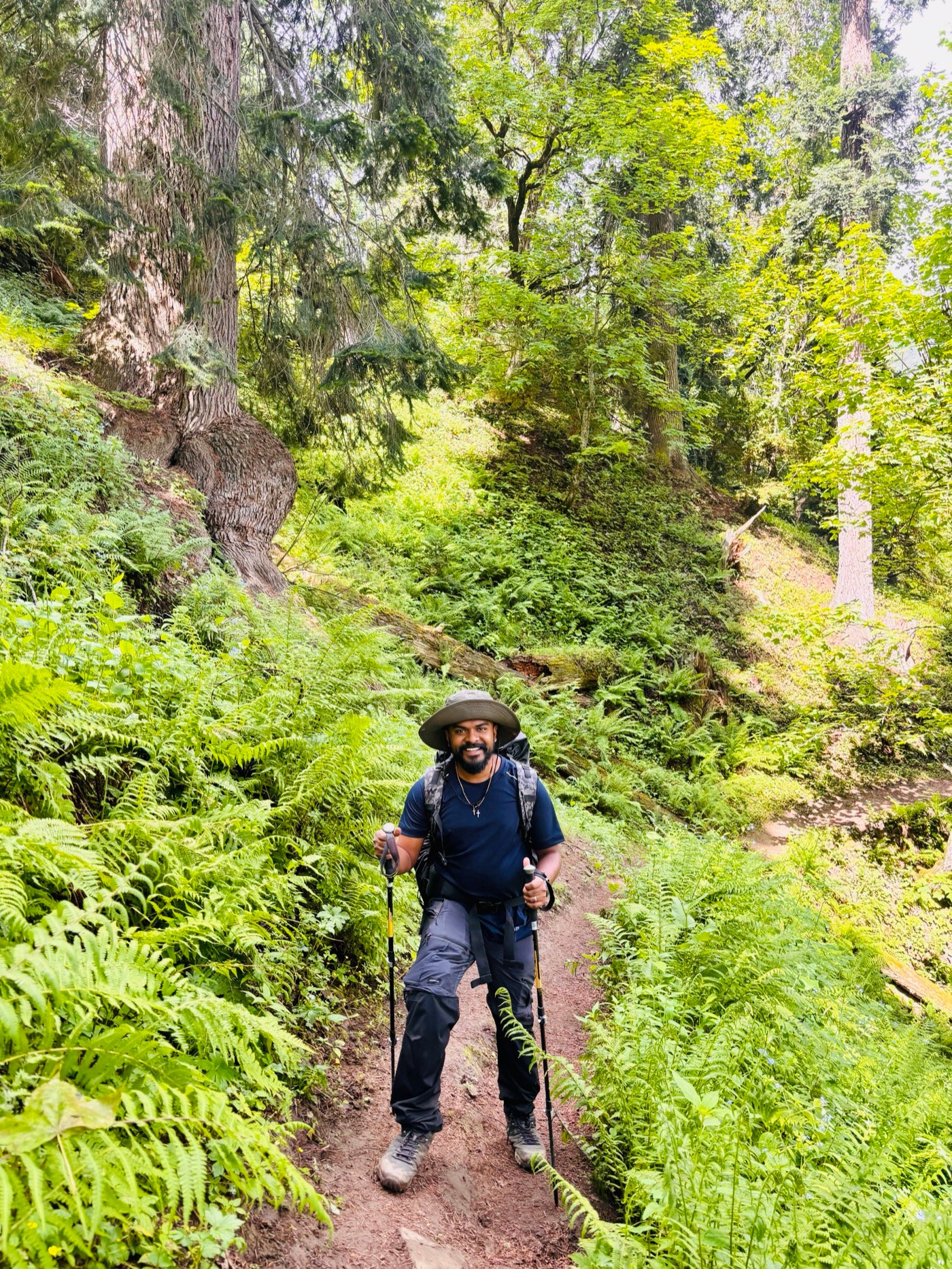 Nikhil Sebastian hiking a forest trail with trekking poles